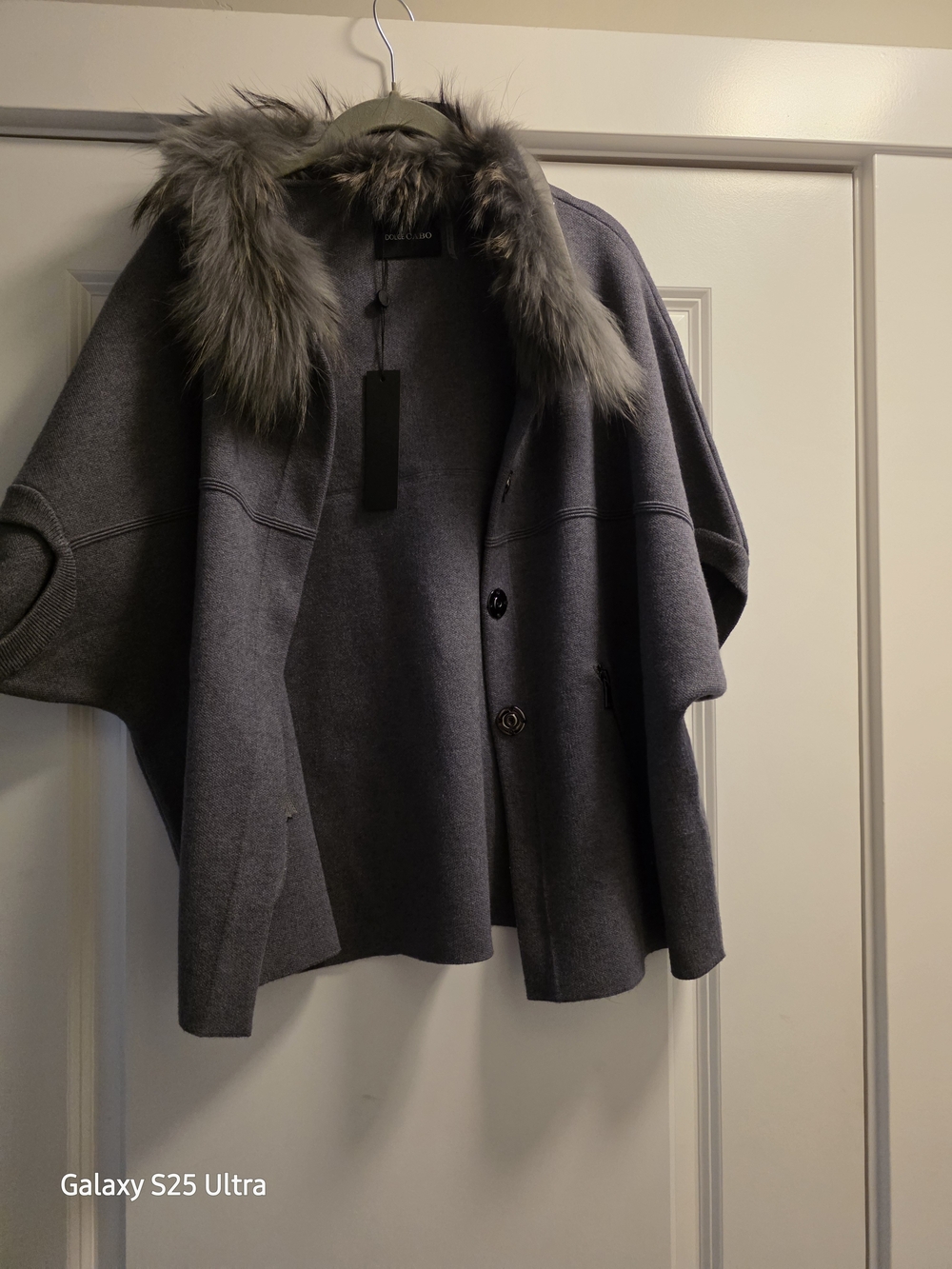 Dolce Cabo Gray Hooded Cape with Faux Fur Trim